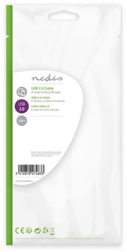 USB-Kabel - USB 2.0 - USB-A Male - USB Micro-B Male - 480 Mbps - Vernikkeld - 2.00 m - Gekruld - PVC - Zwart - Envelop - afbeelding 6