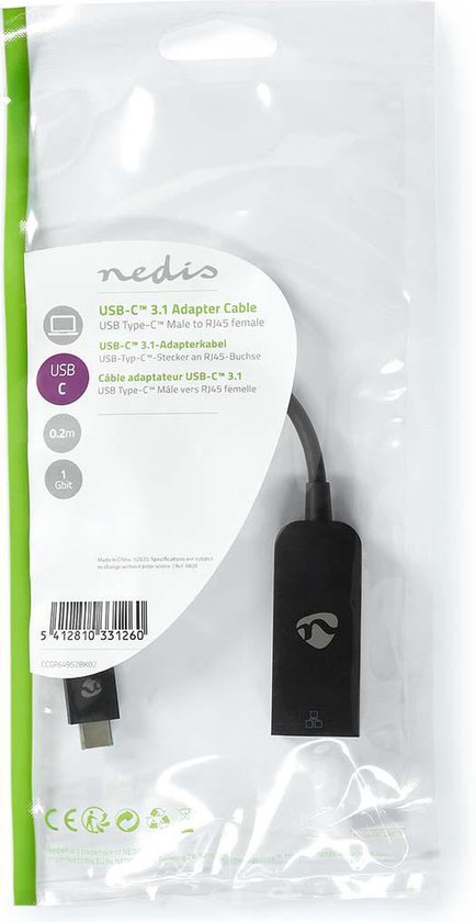 Nedis USB-netwerkadapter - USB 3.2 Gen 1 - 1000 Mbps - USB-C Male - RJ45 Female - 0.20 m - Rond - Vernikkeld - Vertind-Koper - Zwart - Envelop - afbeelding 4