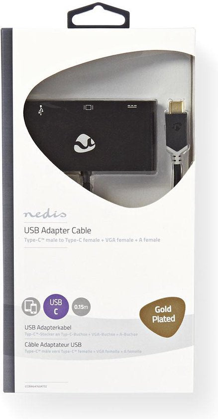 Nedis USB Multi-Port Adapter - USB 3.2 Gen 1 - USB-C Male - USB-A Female / USB-C Female / VGA Female 15p - 0.20 m - Rond - Verguld - PVC - Antraciet - Window Box - afbeelding 3