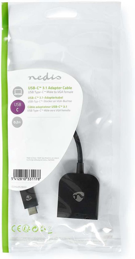 Nedis USB-C Adapter - USB 3.2 Gen 1 - USB-C Male - VGA Female 15p - 1920x1200 - 5 Gbps - 0.20 m - Rond - Vernikkeld - PVC - Zwart - Polybag - afbeelding 3