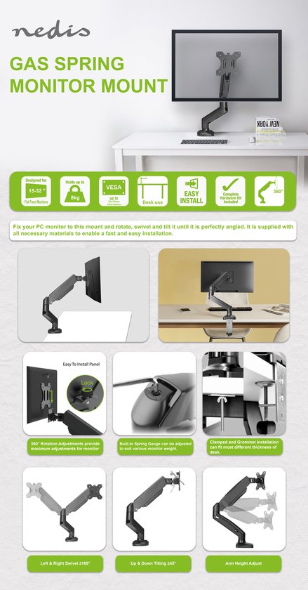 Nedis Monitorbeugel voor Bureaus - Gasveer - 15 - 32 " - 75x75 / 100x100 - Draai- en Kantelbaar - afbeelding 6