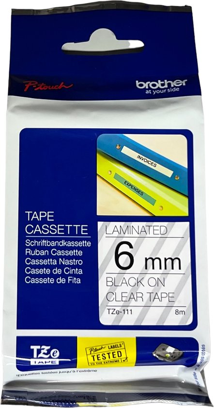 Labeltape brother tze-111 6 mm x 8 m tr / zwart - afbeelding 1