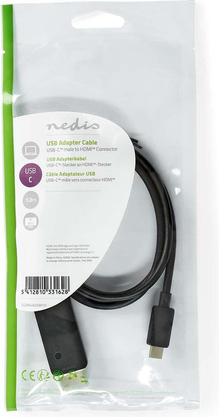 Nedis USB-C Adapter - USB 3.2 Gen 1 - USB-C Male - HDMI Connector - 4K@60Hz - 1.00 m - Rond - Vernikkeld - PVC - Zwart - Envelop - afbeelding 2