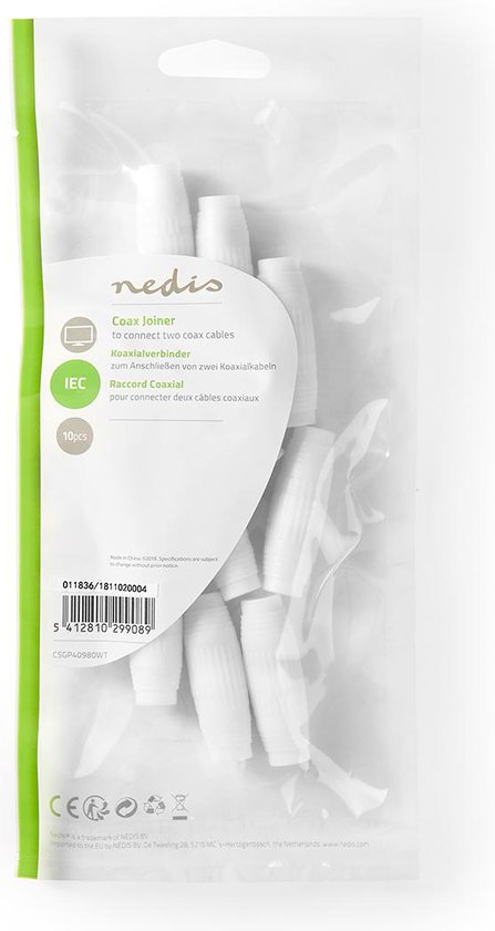 Nedis Satelliet- en Antenne-Adapter - Schroefklem - Schroefklem - Vernikkeld - 75 Ohm - Recht - ABS - Wit - 10 Stuks - Envelop - afbeelding 7