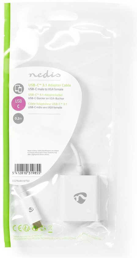 Nedis USB-C Adapter - USB 3.2 Gen 1 - USB-C Male - VGA Female 15p - 1080p - 5 Gbps - 0.20 m - Rond - Vernikkeld - PVC - Wit - Polybag - afbeelding 4