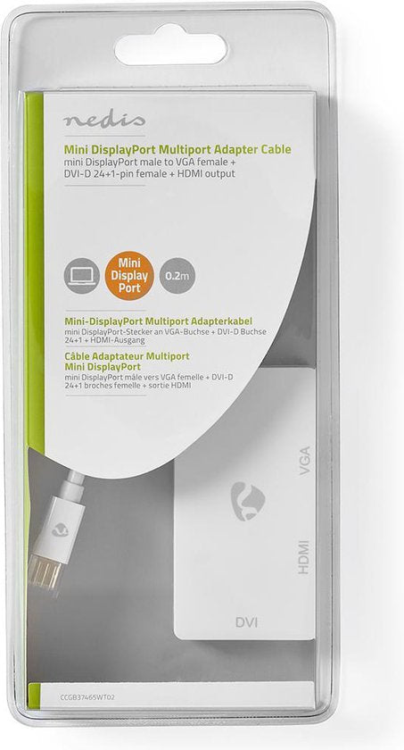 Nedis Mini DisplayPort-Kabel - DisplayPort 1.2 - Mini-DisplayPort Male - DVI-D 24+1-Pins Female / HDMI Input / VGA Female 15p - 21.6 Gbps - Vernikkeld - 0.20 m - Rond - PVC - Wit - Blister - afbeelding 4