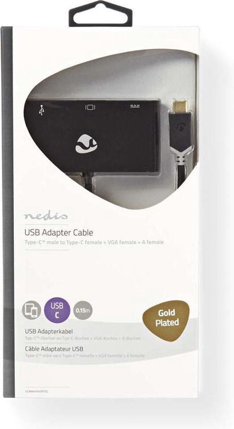 Nedis USB Multi-Port Adapter - USB 3.2 Gen 1 - USB-C Male - USB-A Female / USB-C Female / VGA Female 15p - 0.20 m - Rond - Verguld - PVC - Antraciet - Window Box - afbeelding 5