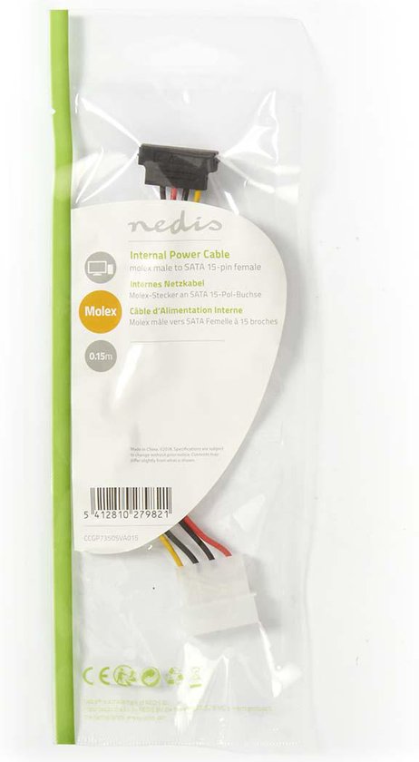 Nedis Interne Voedingskabel - Molex Male - SATA 15-Pins Female - Verguld - 0.15 m - Rond - PVC - Multicolour - Envelop - afbeelding 2