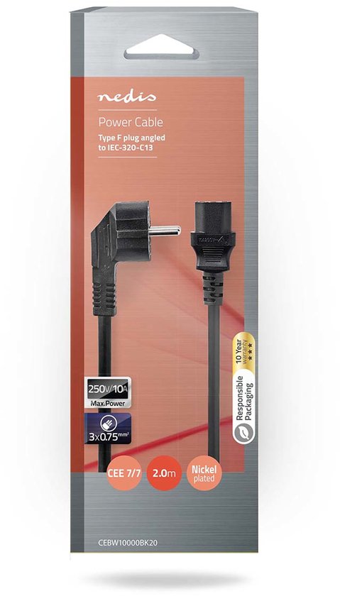 Nedis Stroomkabel - Type F (CEE 7/7) Male - IEC-320-C13 - Gehoekt - Recht - Vernikkeld - 2.00 m - Rond - PVC - Zwart - Label - afbeelding 3