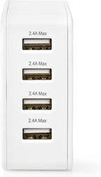 Nedis Oplader - 24 W - 4x 2.4 A - Outputs: 4 - 4x USB-A - Geen Kabel Inbegrepen - Single Voltage Output - Wit - afbeelding 1