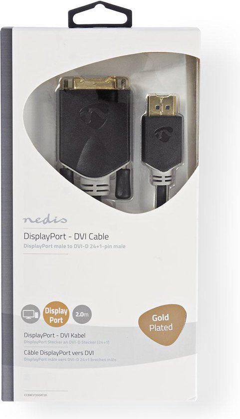 Nedis DisplayPort-Kabel - DisplayPort Male - DVI-D 24+1-Pins Male - 4K@30Hz - Verguld - 2.00 m - Rond - PVC - Antraciet - Window Box - afbeelding 2