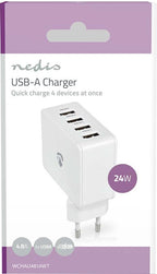 Nedis Oplader - 24 W - 4x 2.4 A - Outputs: 4 - 4x USB-A - Geen Kabel Inbegrepen - Single Voltage Output - Wit - afbeelding 2