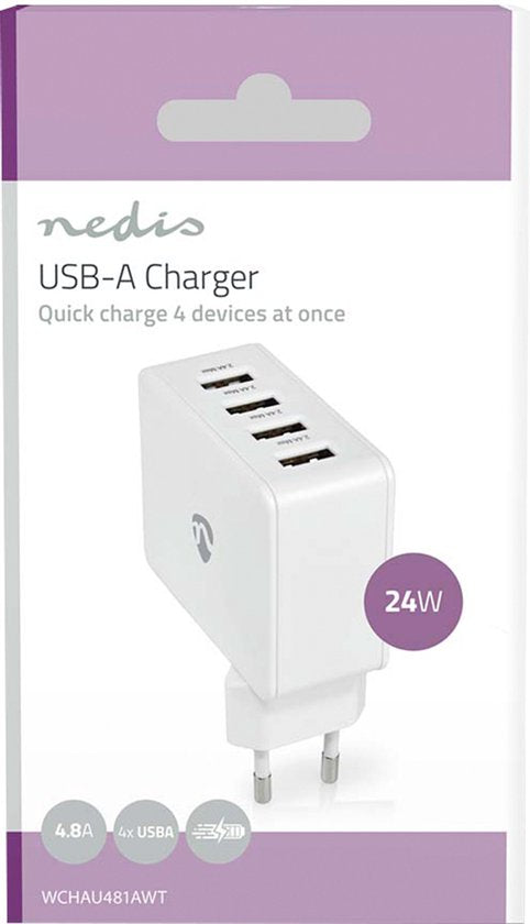 Nedis Oplader - 24 W - 4x 2.4 A - Outputs: 4 - 4x USB-A - Geen Kabel Inbegrepen - Single Voltage Output - Wit - afbeelding 2