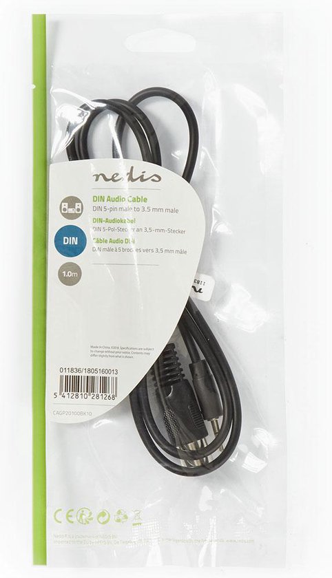 Nedis DIN-Audiokabel - DIN 5-Pins Male - 3,5 mm Male - Vernikkeld - 1.00 m - Rond - PVC - Zwart - Envelop - afbeelding 3