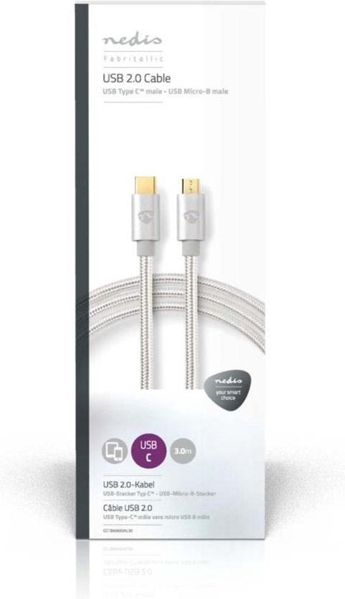Nedis USB-Kabel - USB 2.0 - USB-C Male - USB Micro-B Male - 10 W - 480 Mbps - Verguld - 3.00 m - Rond - Gevlochten / Nylon - Aluminium - Cover Window Box - afbeelding 8