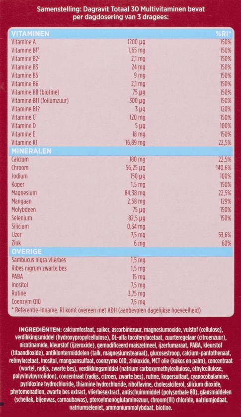 Dagravit Totaal 30 Multivitaminen Voordeelverpakking - Vitamine A, C en het mineraal selenium ondersteunen het afweersysteem - 550 dragees - afbeelding 6