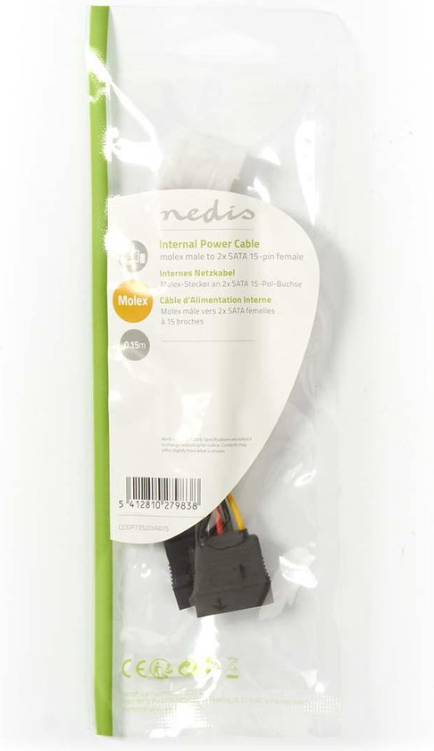 Nedis Interne Voedingskabel - Molex Male - 2x SATA 15-Pins Female - Verguld - 0.15 m - Rond - PVC - Multicolour - Envelop - afbeelding 5