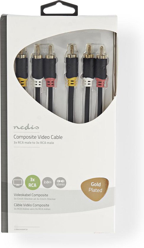 Nedis Composiet Videokabel - 3x RCA Male - 3x RCA Male - Verguld - 480p - 2.00 m - Rond - PVC - Antraciet - Window Box - afbeelding 3