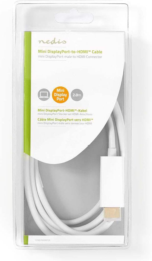 Nedis Mini DisplayPort-Kabel - DisplayPort 1.2 - Mini-DisplayPort Male - HDMI Connector - 21.6 Gbps - Vernikkeld - 2.00 m - Rond - PVC - Wit - Doos - afbeelding 4