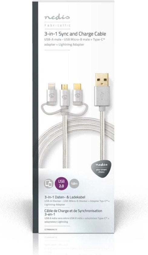 Nedis 3-in-1-Kabel - USB 2.0 - USB-A Male - Apple Lightning 8-Pins / USB Micro-B Male / USB-C Male - 480 Mbps - 1.00 m - Verguld - Rond - PVC - Aluminium - Cover Window Box - afbeelding 10
