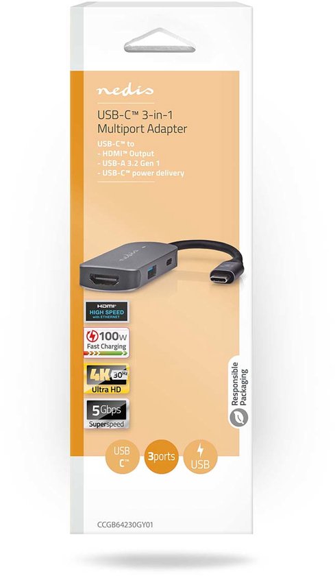 Nedis USB Multi-Port Adapter - 3-in-1 - USB 3.2 Gen 1 - USB-C Male - HDMI Output / USB-A Female / USB-C Female - 5 Gbps - 0.10 m - Rond - Vernikkeld - PVC - Grijs - Doos - afbeelding 2