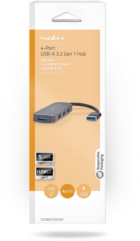 Nedis USB-Hub - USB-A Male - 4x USB A Female - 4-Poorts poort(en) - USB 2.0 / USB 3.2 Gen 1 - USB Gevoed - afbeelding 2