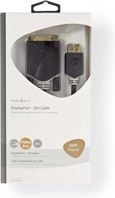 Nedis DisplayPort-Kabel - DisplayPort Male - DVI-D 24+1-Pins Male - 4K@30Hz - Verguld - 2.00 m - Rond - PVC - Antraciet - Window Box - afbeelding 3