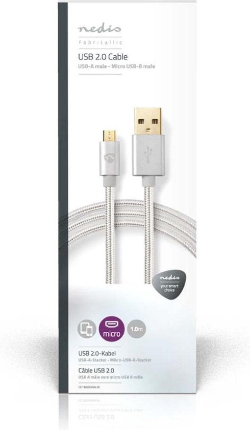 Nedis USB-Kabel - USB 2.0 - USB-A Male - USB Micro-B Male - 15 W - 480 Mbps - Verguld - 1.00 m - Rond - Gevlochten / Nylon - Aluminium - Cover Window Box - afbeelding 9