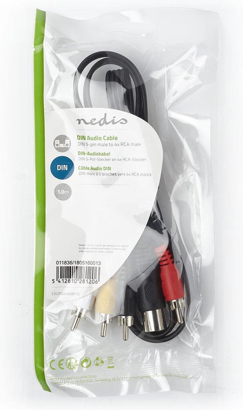 Nedis DIN-Audiokabel - DIN 5-Pins Male - 4x RCA Male - Vernikkeld - 1.00 m - Rond - PVC - Zwart - Label - afbeelding 4
