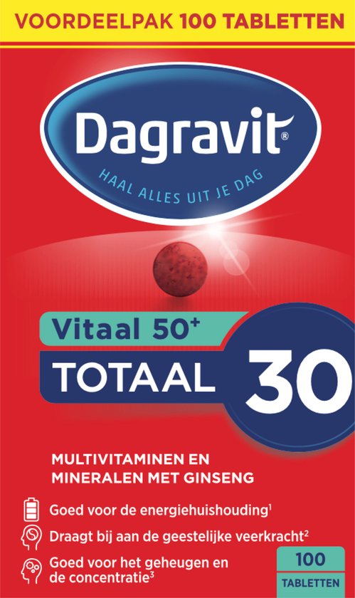 Dagravit Totaal 30 Vitaal 50+ Multivitaminen voordeelverpakking - Vitamine B1, B2, B3, B5, B6, B12 en koper dragen bij aan een goede energiehuishouding - 100 tabletten - afbeelding 16
