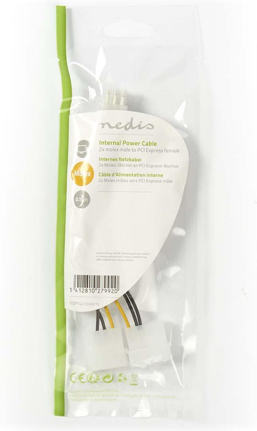 Nedis Interne Voedingskabel - 2x Molex Male - PCI-Express Female - Verguld - 0.20 m - Rond - PVC - Geel / Zwart - Polybag - afbeelding 2