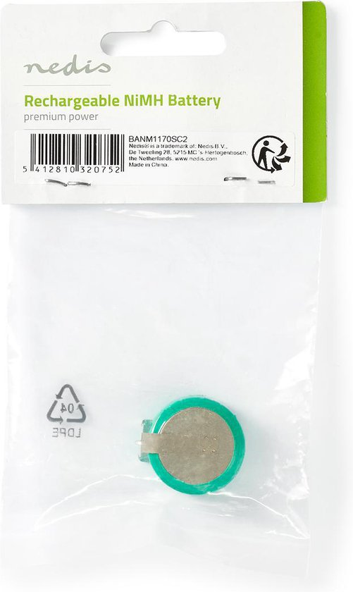 Nedis Oplaadbare NiMH-Batterij - 2.4 V DC - Oplaadbaar - 250 mAh - Voorgeladen - 1-Polybag - N/A - Soldeerpin - Groen - afbeelding 3
