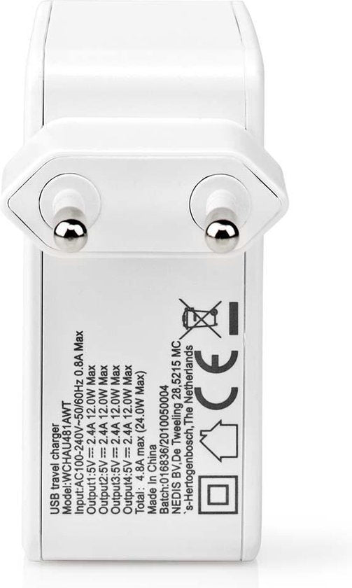Nedis Oplader - 24 W - 4x 2.4 A - Outputs: 4 - 4x USB-A - Geen Kabel Inbegrepen - Single Voltage Output - Wit - afbeelding 7
