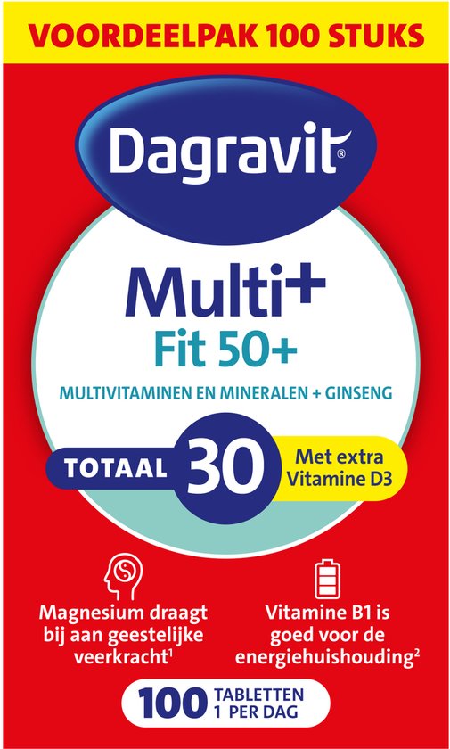 Dagravit Totaal 30 Vitaal 50+ Multivitaminen voordeelverpakking - Vitamine B1, B2, B3, B5, B6, B12 en koper dragen bij aan een goede energiehuishouding - 100 tabletten - afbeelding 1