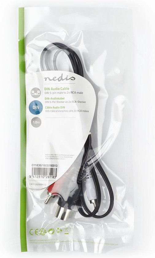 Nedis DIN-Audiokabel - DIN 5-Pins Male - 2x RCA Male - Vernikkeld - 1.00 m - Rond - PVC - Zwart - Label - afbeelding 5