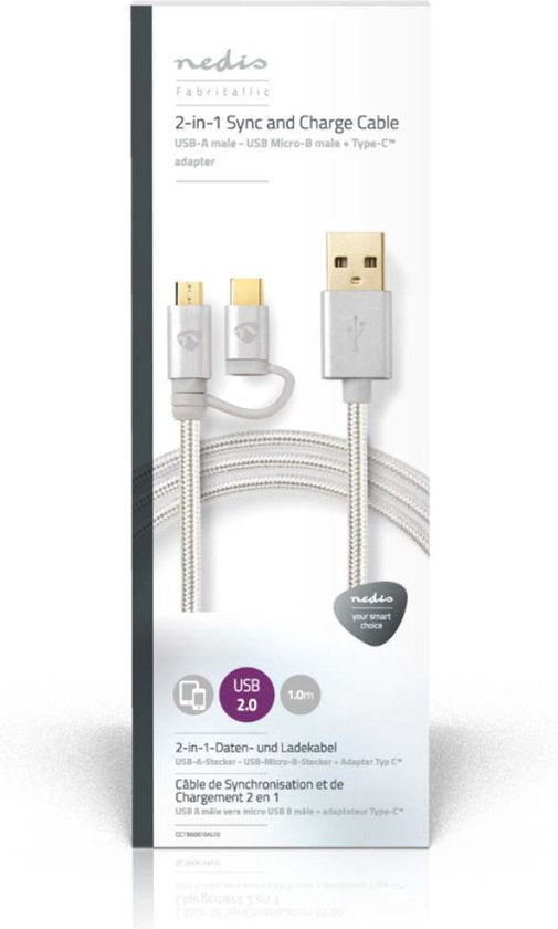 2-in-1-Kabel - USB 2.0 - USB-A Male - USB-C Male - 480 Mbps - 1.00 m - Verguld - Rond - Gevlochten - Aluminium - Cover Window Box - afbeelding 10