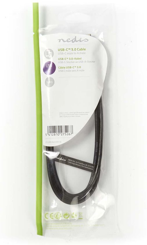 Nedis USB-Kabel - USB 3.2 Gen 1 - USB-A Male - USB-C Male - 15 W - 5 Gbps - Vernikkeld - 1.00 m - Rond - PVC - Zwart - Label - afbeelding 3