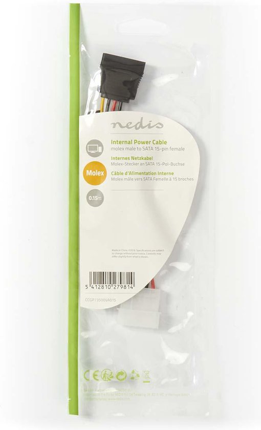 Nedis Interne Voedingskabel - Molex Male - SATA 15-Pins Female - Verguld - 0.15 m - Rond - PVC - Multicolour - Doos - afbeelding 3