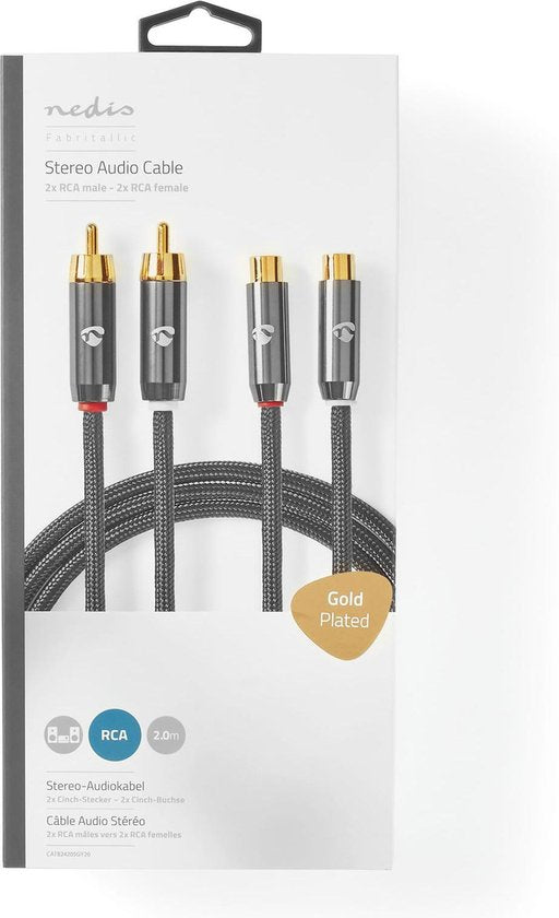 Stereo-Audiokabel - 2x RCA Male - 2x RCA Female - Verguld - 2.00 m - Rond - Grijs / Gun Metal Grijs - Cover Window Box - afbeelding 6