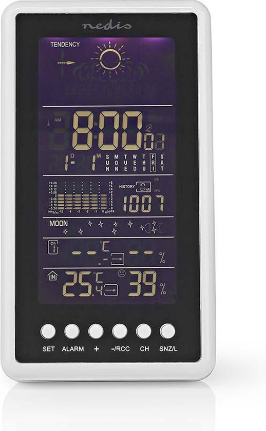 Nedis Weerstation - Binnen & Buiten - Radiogestuurde klok - Inclusief draadloze weersensor - Weersvoorspelling - Barometer - Tijdweergave - LCD met Achtergrondverlichting - Wekkerfunctie - afbeelding 1