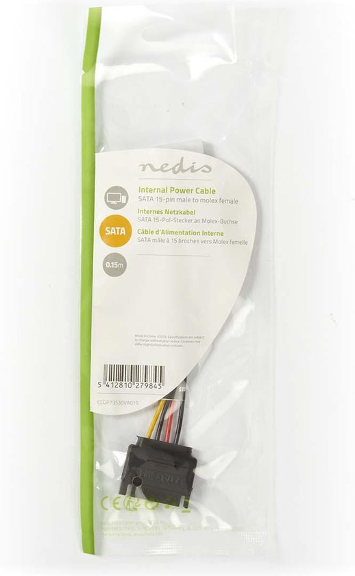 Nedis Interne Voedingskabel - SATA 15-Pins Male - Molex Female - Verguld - 0.15 m - Rond - PVC - Multicolour - Envelop - afbeelding 2