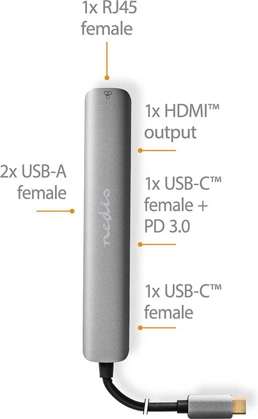 Nedis USB Multi-Port Adapter - USB 3.2 Gen 1 - USB-C Male - HDMI Output / RJ45 Female / 2x USB-A Female / 2x USB-C - 5 Gbps - 0.20 m - Rond - Verguld - PVC - Antraciet - Doos - afbeelding 3
