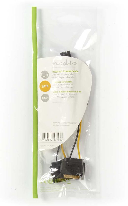 Nedis Interne Voedingskabel - 2x SATA 15-Pins Male - PCI-Express Female - Verguld - 0.20 m - Rond - PVC - Geel / Zwart - Polybag - afbeelding 2