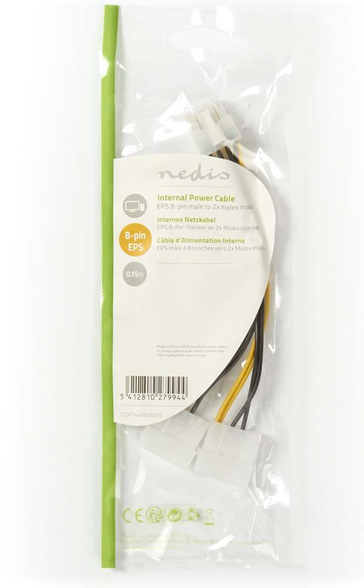 Nedis Interne Voedingskabel - EPS 8-Pins Male - 2x Molex Male - Verguld - 0.15 m - Rond - PVC - Geel / Zwart - Envelop - afbeelding 2
