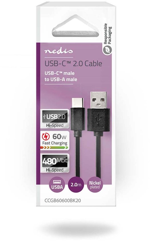 USB-Kabel - USB 2.0 - USB-A Male - USB-C Male - W - 480 Mbps - Vernikkeld - m - Rond - PVC - afbeelding 2