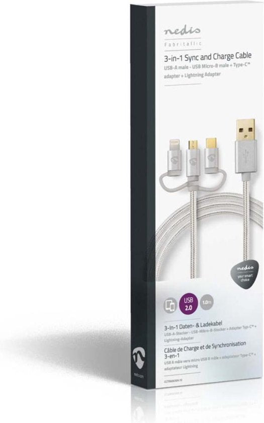 Nedis 3-in-1-Kabel - USB 2.0 - USB-A Male - Apple Lightning 8-Pins / USB Micro-B Male / USB-C Male - 480 Mbps - 1.00 m - Verguld - Rond - PVC - Aluminium - Cover Window Box - afbeelding 12