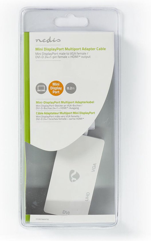 Nedis DisplayPort-Adapter - Mini-DisplayPort Male - DVI-D 24+1-Pins Female / HDMI Output / VGA Female 15p - 4K@60Hz - Vernikkeld - Schakelbaar - 0.20 m - Rond - ABS - ABS - Wit - Doos - afbeelding 7