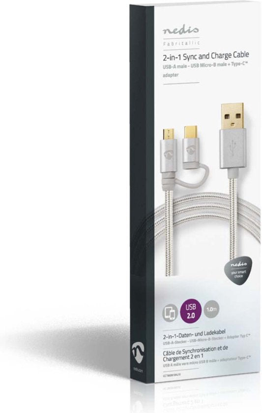 2-in-1-Kabel - USB 2.0 - USB-A Male - USB-C Male - 480 Mbps - 1.00 m - Verguld - Rond - Gevlochten - Aluminium - Cover Window Box - afbeelding 11