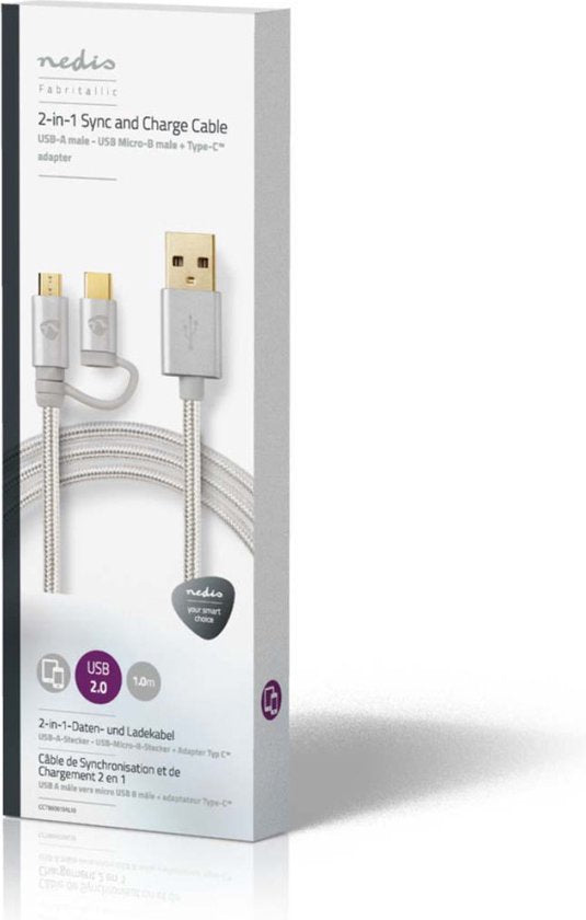 2-in-1-Kabel - USB 2.0 - USB-A Male - USB-C Male - 480 Mbps - 1.00 m - Verguld - Rond - Gevlochten - Aluminium - Cover Window Box - afbeelding 8