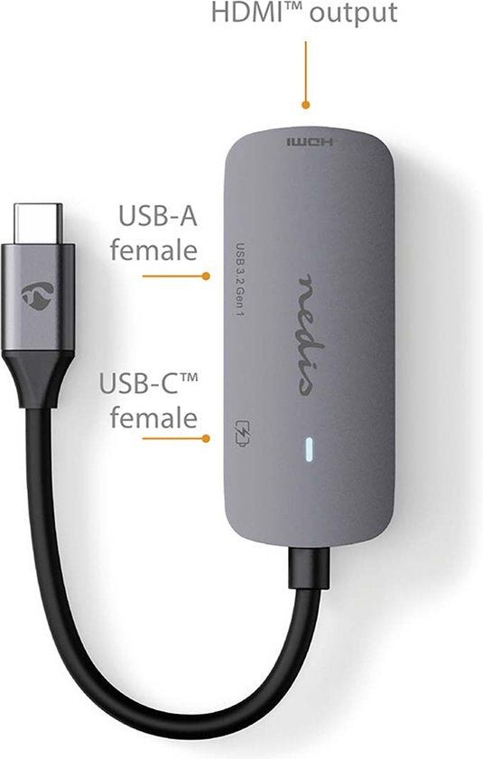 Nedis USB Multi-Port Adapter - 3-in-1 - USB 3.2 Gen 1 - USB-C Male - HDMI Output / USB-A Female / USB-C Female - 5 Gbps - 0.10 m - Rond - Vernikkeld - PVC - Grijs - Doos - afbeelding 3